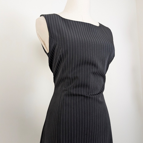 90s Pinstripe Mini Dress Short Thigh Length High Neckline Pleated Fitted Stripes - Picture 11 of 14